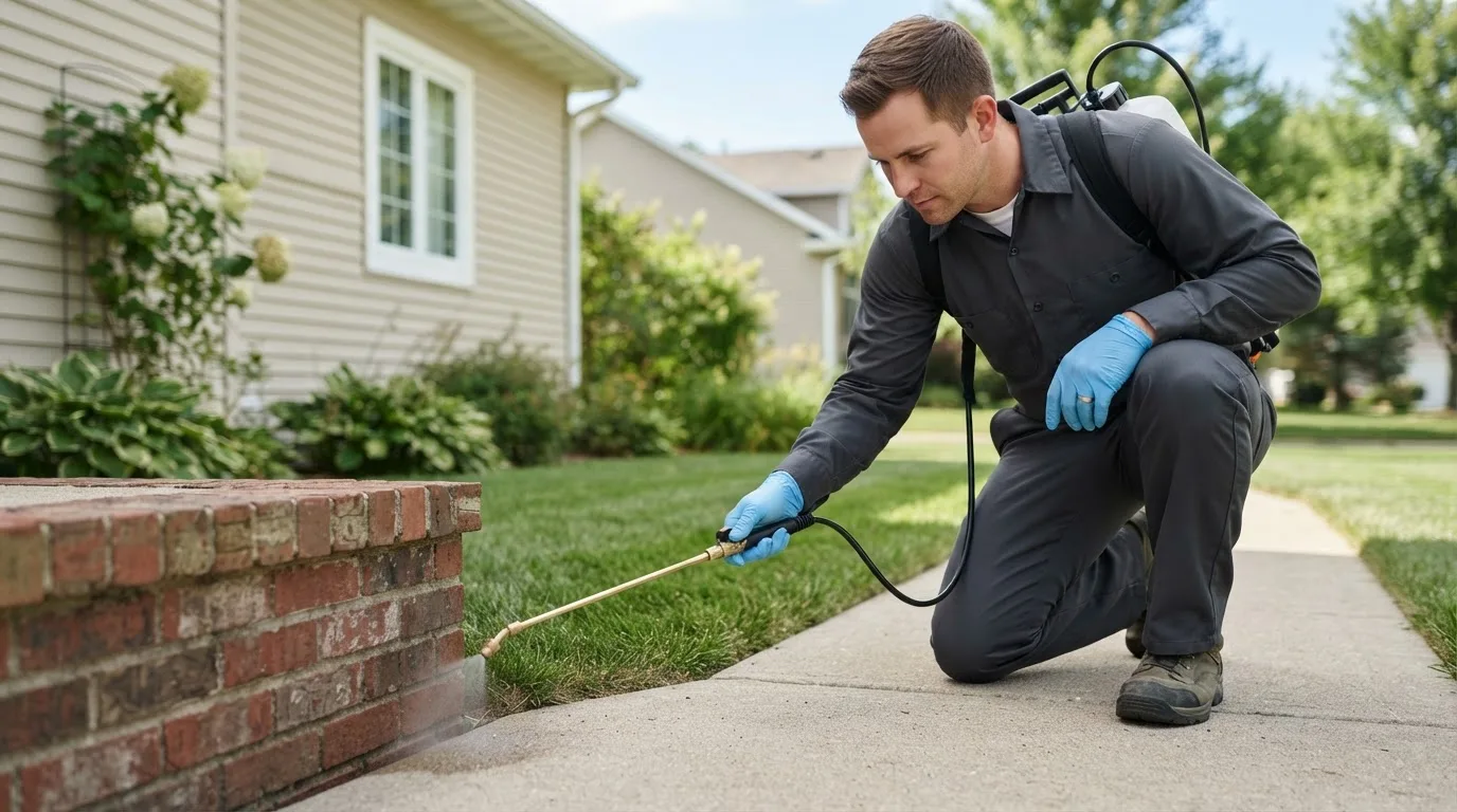 Pest control technician treating a home near Laton, CA